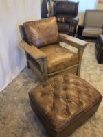 Custom Heavy Artisan Brown Leather Lounge Chair + Restoration Hardware Ottoman