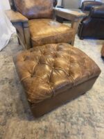Custom Heavy Artisan Brown Leather Lounge Chair + Restoration Hardware Ottoman - Image 10