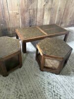 Mid-Century Vintage Solid Wood Coffee Table and Octagon End Tables - MCM Green-Brown Tops