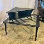 Vintage Mid-Century Modern Tiered Corner Side Table – Black & Glass 32x32x22H