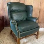 Drexel Heritage Leather Wingback Lounge Chair & Curved Ottoman Forest Green