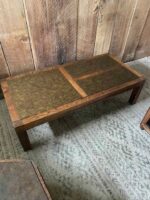 Mid-Century Vintage Solid Wood Coffee Table and Octagon End Tables - MCM Green-Brown Tops - Image 3