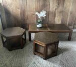 Mid-Century Vintage Solid Wood Coffee Table and Octagon End Tables - MCM Green-Brown Tops - Image 5