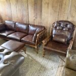 Vintage McGuire Rattan Sofa, Armchair & Ottoman – Brown Leather Seating Set