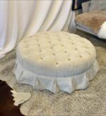 Baker Furniture White Upholestered Round Tufted Ottoman & Bench Coffee Table 39" Round 15" High