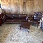 Vintage McGuire Rattan Sofa, Armchair & Ottoman – Brown Leather Seating Set