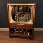 A Custom MCM 1950s Television TV Cocktail Bar Cart Rolling Cabinet Glasses Wine Bottle Holder