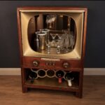A Custom MCM 1950s Television TV Cocktail Bar Cart Rolling Cabinet Glasses Wine Bottle Holder