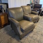 McCreary Modern Scroll Back Leather Armchairs Pair of 2 Premium Olive Green & Gray Tone Club Lounge