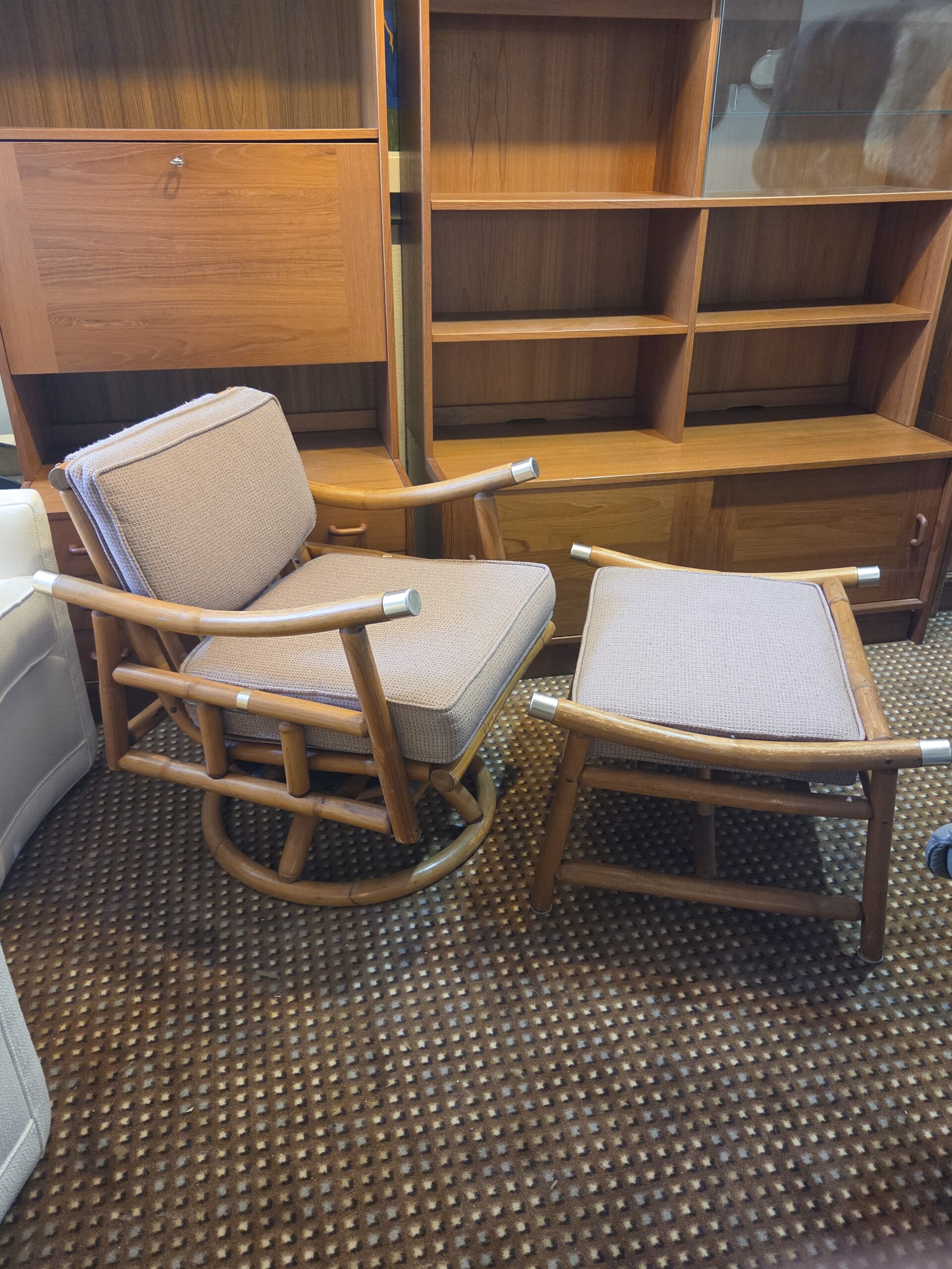 20260701_124550 Mid Century Vintage Ficks Reed Style Rattan Swivel Chair and Ottoman Set - Image 1