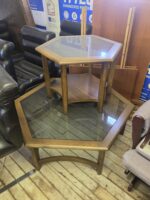 Mid-Century Modern Hexagonal Coffee Table & End Table Set - Smoked Glass & Solid Wood - Image 5