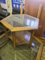 Mid-Century Modern Hexagonal Coffee Table & End Table Set - Smoked Glass & Solid Wood - Image 4