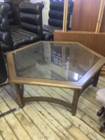 Mid-Century Modern Hexagonal Coffee Table & End Table Set - Smoked Glass & Solid Wood - Image 3