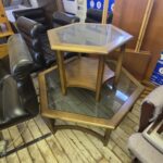 Mid-Century Modern Hexagonal Coffee Table & End Table Set - Smoked Glass & Solid Wood
