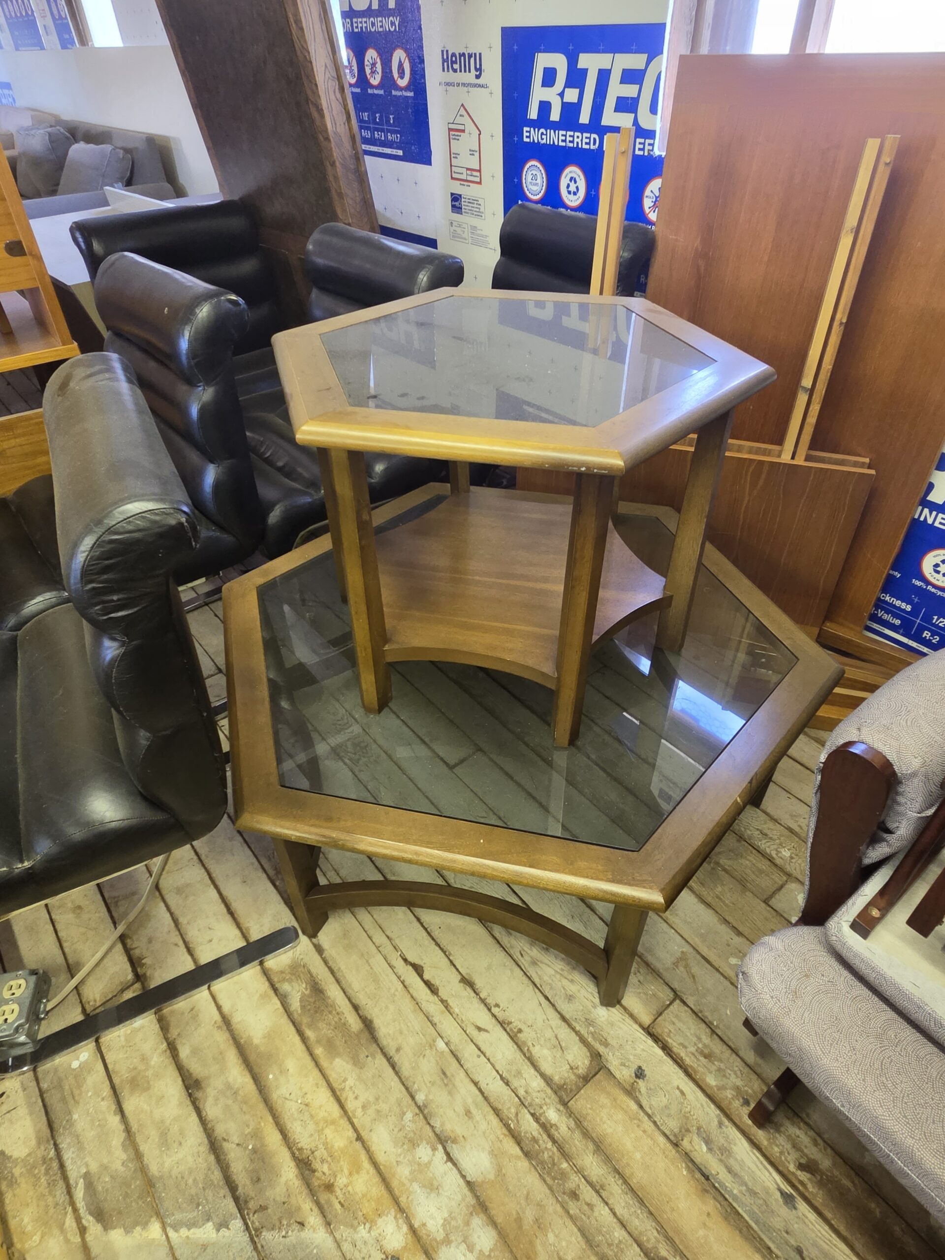 20260703_110900 Mid-Century Modern Hexagonal Coffee Table & End Table Set - Smoked Glass & Solid Wood - Image 1