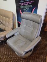 Vintage Ekornes Style Gray Leather Swivel Recliner (with Custom Base Riser) - Image 8