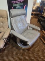 Vintage Ekornes Style Gray Leather Swivel Recliner (with Custom Base Riser)