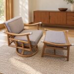 Mid Century Vintage Ficks Reed Style  Rattan Swivel Chair and Ottoman Set