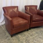 Pair of 2 Crate & Barrel Red Genuine Leather Armchairs Living Room Club Lounge Chairs