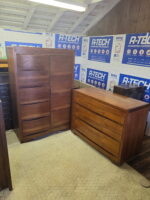 Vintage Mid Century Modern Walnut Bedroom Set with Cedar Wardrobe & Dresser with Mirror - Image 7