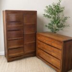 Vintage Mid Century Modern Walnut Bedroom Set with Cedar Wardrobe & Dresser with Mirror