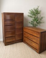 Vintage Mid Century Modern Walnut Bedroom Set with Cedar Wardrobe & Dresser with Mirror