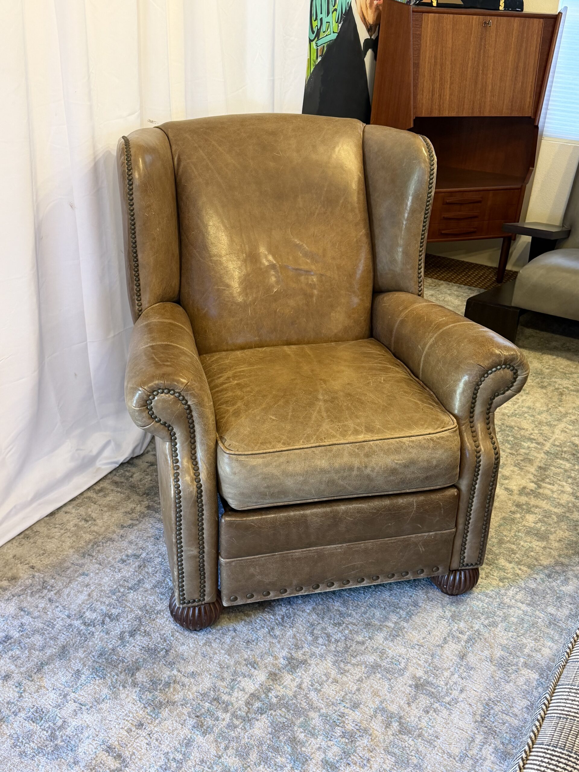 IMG_1366 Walter E. Smithe Tanner Leather Wingback Recliner, Cognac Brown - Image 1