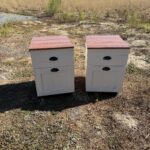 Pair of 2 Whitewashed Farmhouse Style Rolling Nightstands with Wood Tops
