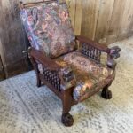 Victorian Morris Chair with Carved Lion Head Arms and Claw Feet