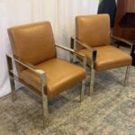Pair of 2 Williams Sonoma Mercer Genuine Leather & Polished Nickel Armchairs Living Room Chairs