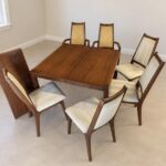 Vintage Mid Century Walnut Dining Table with Extension Leaf and 4 or 6 Chairs