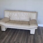 Vintage Post Modern Genuine Leather Cream Light Beige Loveseat Sofa 60” Length Couch