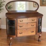 Circa 1900 Tiger Oak Curved Glass Cabinet & Buffet w/ Mirror