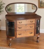 Circa 1900 Tiger Oak Curved Glass Cabinet & Buffet w/ Mirror